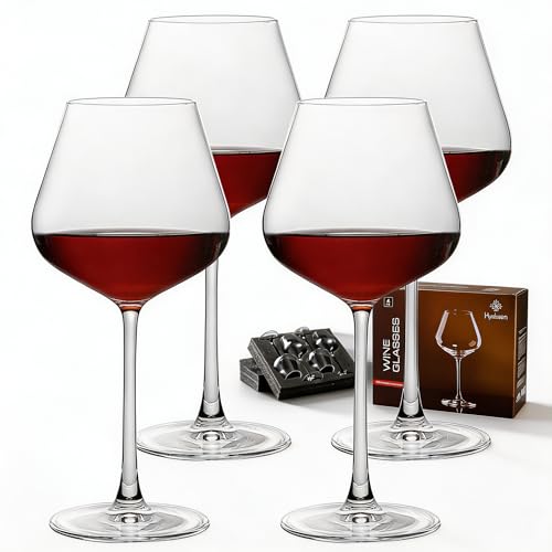Pinot Noir Wine Glasses Set of 4, Burgundy Crystal, Thin Stem | 17 oz Wide Bowl, Hand Blown, Lead-Free, Laser Cold-Cut 1mm Rim, Seamless Solid Stem, Dishwasher Safe, Protective Gift Box
