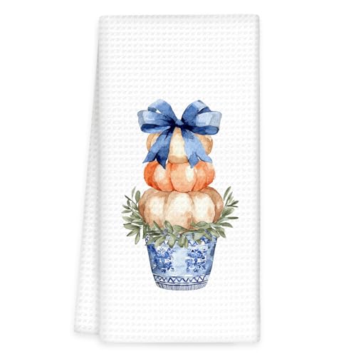 Fall Pumpkin Chinoiserie Kitchen Towels, Blue and White Porcelain Hand Towels, Blue Bow Pumpkin Dish Tea Towel for Kitchen Decorative, Chinoiserie Autumn Bathroom Kitchens Decor, 16x24In - color: Pumpkin Bow