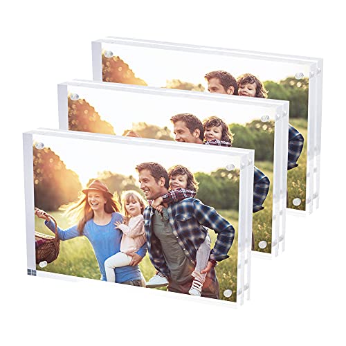 SimbaLux Magnetic Acrylic Picture Photo Frame 4x6 inches Clear Edge, 3 Pack | Clear Glass Like, Double Sided Frameless Desktop Floating Display, Free Standing, Easy to Change - size: 4" x 6" 3-Pack