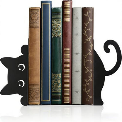Peekaboo Cat Bookends for Shelves, Black Metal Decorative Book Ends, Heavy Duty Book Stoppers for Home & Office Desk, Ideal Gift for Cat Lovers & Book Lovers - style: Cute Cat