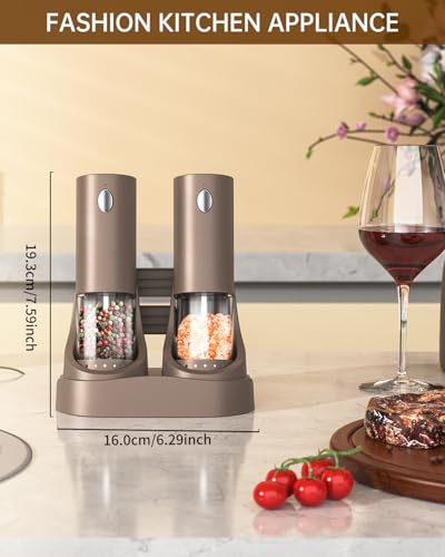 CIRCLE JOY Electric Salt and Pepper Grinder Set Automatic Salt and Pepper Grinder Set with Easy-to-Carry Charging Base and LED Light, USB Rechargeable, Upgrade External Adjustable Coarseness, Green - color: Brown