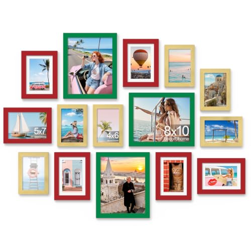decorUhome 15 Pack Assorted Picture Frame Set for Wall & Tabletop, PF15MTG | Green / Red / Gold, Includes Three 8x10 / Six 5x7 / Six 4x6 Multi Size, MDF Frame with Plexiglass Cover - color: Green & Red & Gold