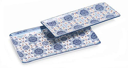 Bico Blue Talavera Ceramic 14 inch Rectangular Serving Platter, Set of 2, for Serving Salad, Pasta, Cheese, Ham, Appetizer, Microwave & Dishwasher Safe - style: Blue Talavera