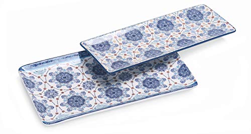 Bico Blue Talavera Ceramic 14 inch Rectangular Serving Platter, Set of 2, for Serving Salad, Pasta, Cheese, Ham, Appetizer, Microwave & Dishwasher Safe - style: Blue Talavera