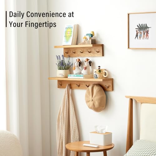 Wall Hooks with Shelf Oak Wood Coat Rack Shelf Wall Mounted, Entryway Shelves with 6 Metal Hangers for Clothes Hats Towel for Bathroom, Bedroom, Living Room (Natural, 27.5 inches) - size: 27.5 inches