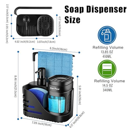 Kitchen Soap Dispenser Set, 4-in-1 Dual Hand and Dish Soap Dispenser with Sponge Holder and Dishcloth Holder for Kitchen Sink (Black) - color: Black