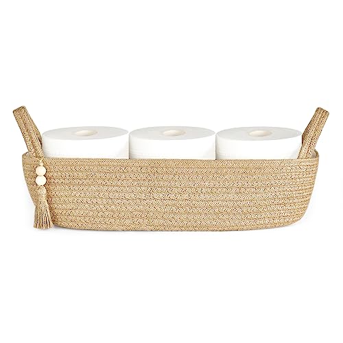 Mkono Toilet Paper Basket, Boho Bathroom Decor, Small Storage Organizer | Brown, 15.7"L x 6"W, Back of Toilet Basket, Decorative Woven Tray with Handles, Space-Saving, Living Room Bedroom, 1 Pack - color: Brown, size: Medium