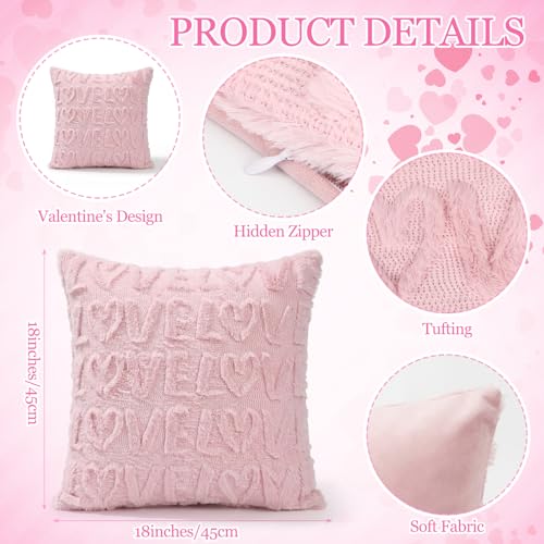 Tiamon 4 Pcs Valentines Throw Pillow Covers 18 x 18 Inch 3D Embroidered Plush Pink Red Hearts Pillow Cases Valentine's Day Love Fluffy Faux Fur Cushion Covers for Sofa Couch Wedding Anniversary Party - style: Valentines