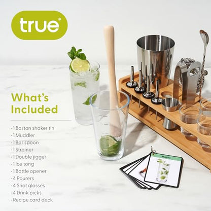 True 20-Piece Cocktail Shaker Bar Set with Wooden Stand Includes Boston Shaker, Mixing Glass, Muddler, Jigger, Strainer, Bartender Kit for Mixed Drinks, Cold Brew Cocktails, Home Bar Tools - size: 20-Piece
