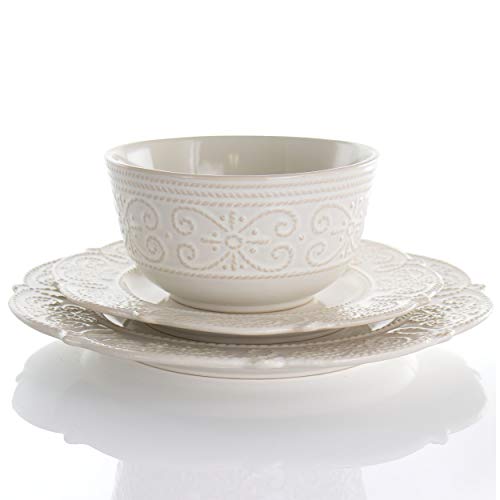 Elama Round Decorated Stoneware Scallop Embossed Dinnerware Dish Set, 16 Piece, Luna - color: Luna