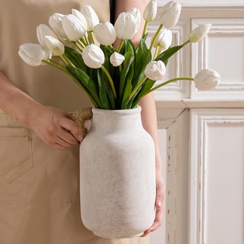 Vanselia Ceramic Flower Vase Home Table Decor Living Room Farmhouse 10.6 in | Large Tall White Rustic Decorative Flowers Vases Plant Modern Decoration for Kitchen Shelf Coffee Dining Centerpieces Desk - color: 10.6" Plus With Hemp Rope