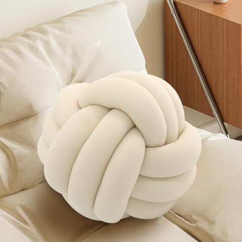 KUCCO Ivory Knot Pillow Ball, Handmade Round Knotted Throw Pillow,10.6 Inch | Soft Plush Knot Ball Cushion, Hand-Knotted, for Sofa, Couch and Bedroom, Cute Home Decor Accent - color: Ivory, size: 10.6" x 10.6" (Pack of 1)