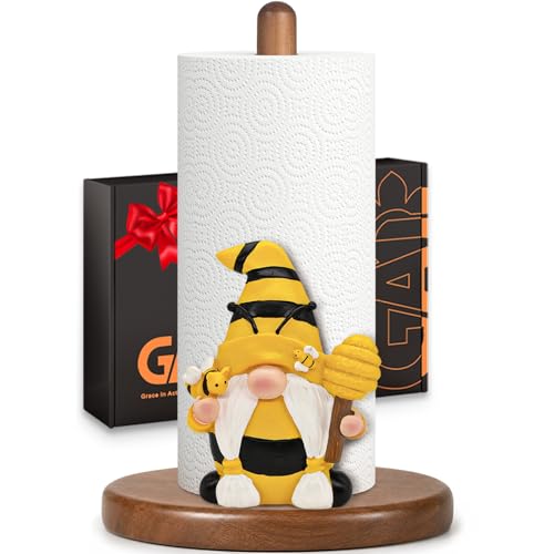 Bee Gnome Paper Towel Holder, Honey Bee Farmhouse Kitchen Countertop Decor | Cute Wood Paper Towel Stand, 3D Resin Bee Gnome Decor, Gift for Women, Mom, Grandma, Non-Slip Base, Fits Standard/Jumbo Rolls - color: Honey Bee