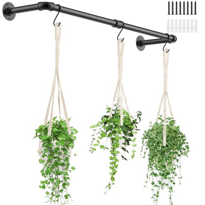 Plant Hanging Rod, with 3Pcs Macrame Plant Hangers and 3 Hooks, 32" Plant Hanger Indoor, Hanging Planter for Indoor Plants, Window Wall Ceiling Plant Hanger (POTS & PLANTS NOT INCLUDED)…