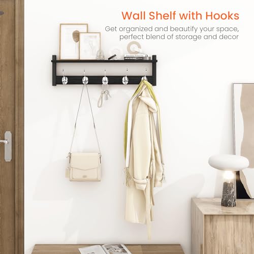 Coat Rack Wall Mount with Shelf, 24" Long Entryway Shelf with Hooks Underneath, Wooden Coat Hanger for Hanging Hats, Bathroom Towels, Clothes, Black - color: Black, size: 24 Inch Long