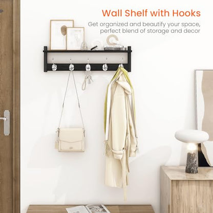 Coat Rack Wall Mount with Shelf, 24" Long Entryway Shelf with Hooks Underneath, Wooden Coat Hanger for Hanging Hats, Bathroom Towels, Clothes, Black - color: Black, size: 24 Inch Long