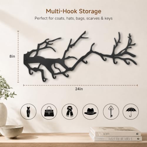 Wall Coat Rack with 8 Hooks Black - Tree Branch Design Metal Wall Hooks - Coat Hooks for Hallway, Bathroom, Bedroom, Kitchen - Hook Rail for Wall Mounting
