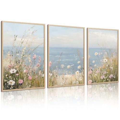 Coastal Wildflower Wall Art Beach Floral Canvas Wall Decor Vintage Coastal Landscape Pictures Ocean Flower Poster Summer Floral Prints Seascape Painting for Living Room Bedroom 12x16x3 Inch Unframed - color: Ocean Floral Art, size: 12''x16'' Unframed