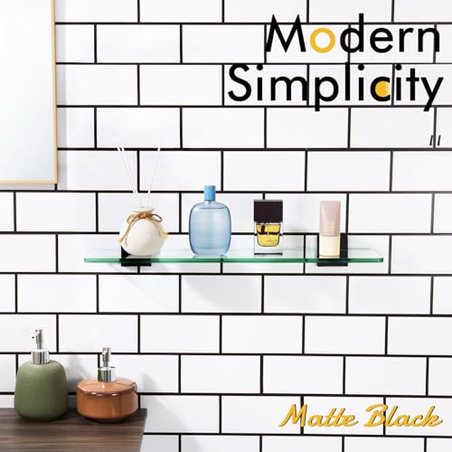 KOKOSIRI Bathroom Shelves Wall Mounted Tempered Glass Floating Shelf 20-Inch Kitchen Hanging Rack Shower Storage, Matte Black Stainless Steel B1107BK-L20 - color: Matte Black, size: 20-Inch