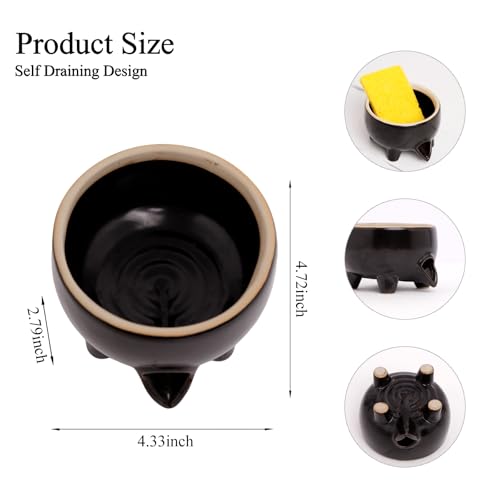 Ceramic Sponge Holder with Drainage, Black Sink Caddy Organizer | Self-Draining Kitchen Versatile Holder for Sponges, Brushes & Bar Soap, Scrubber , Quick-Dry Design, Keeps Countertop Dry