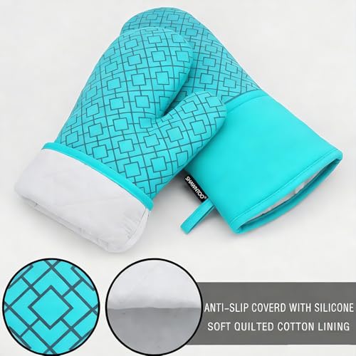 Oven Mitts and Pot Holders Sets 6pcs, Kitchen Oven Glove,High Heat Resistant 550 Degree Extra Long Oven Mitts and Potholders with Non-Slip Silicone Surface for Home Essentials (Grey) (Ice Blue) - color: Ice Blue