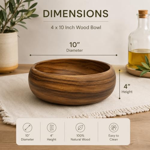 Handcrafted Hawaiian Wood Serving Bowl – Organic Acacia Natural Wooden Salad, Soup, Decor, Fruit & Candy Bowl (Large 4x10 inch) - size: Large