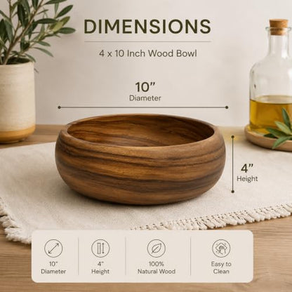 Handcrafted Hawaiian Wood Serving Bowl – Organic Acacia Natural Wooden Salad, Soup, Decor, Fruit & Candy Bowl (Large 4x10 inch) - size: Large