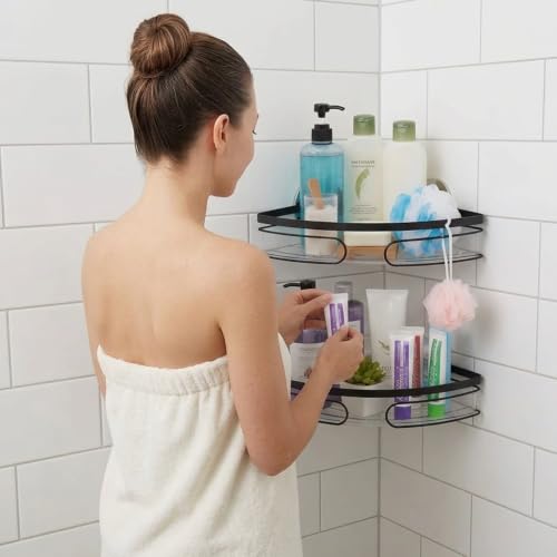 2-Pack Adhesive Shower Caddy, No-Drill Corner Shower Shelves for Bathroom | Wall-Mounted Storage Organizer for Shampoo, Soap & Toiletries - style: TRIANGLE