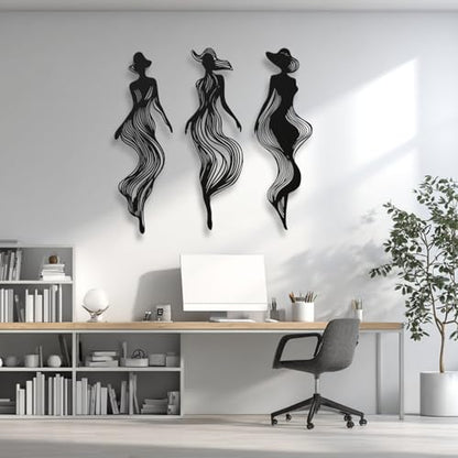 XXQ Abstract Women Silhouette Metal Wall Art Set of 3 – Modern Line Art Decor for Living Room, Bedroom, Hallway, or Studio Walls (Black, 41" x 13" / 105 x 34 cm) - size: 41L" x 13W"