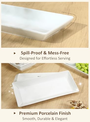 14” White Porcelain Serving Platters, Elegant Large Rectangular Plates Trays for Dinner Parties, Appetizers, Sushi, Desserts & More, Microwave & Dishwasher Safe, Set of 4 | Rectangular Ceramic Dinner Plates Trays, Stackable, Dishwasher/Microwave/Freezer S