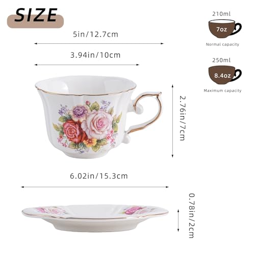 Ceramic Floral Cups with Saucers，7 oz Espresso Cups for Latte Coffee Cafe, Cappuccino and Tea(1, Rose) - color: Rose