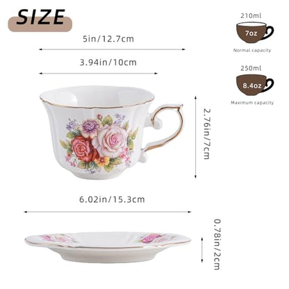 Ceramic Floral Cups with Saucers，7 oz Espresso Cups for Latte Coffee Cafe, Cappuccino and Tea(1, Rose) - color: Rose