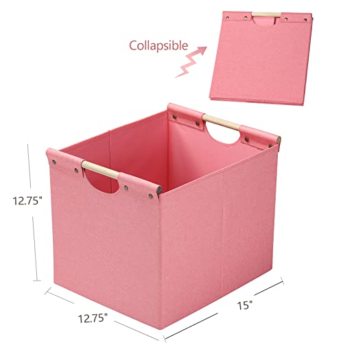 HOONEX Large Foldable Storage Bins, Linen Fabric, Pack of 2, Storage Baskets with Wooden Carry Handles and Sturdy Heavy Cardboard, for Home, Office, Car, Nursery, Pink - color: Pink