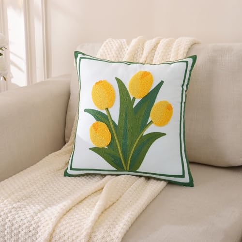 LUOYEHK Embroidered Throw Pillow Cover 18x18 Inch Set of 2 Farmhouse Floral Square Pillowcase Spring Canvas Cushion Covers for Living Room Sofa Bed (Yellow Tulip) - color: Yellow Tulip