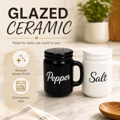 Farmhouse Salt and Pepper Shakers Ceramic Mason Jar 2 oz Set with Handles | Petite 2.5-inch tabletop size · Removable bottom plugs · Dishwasher safe