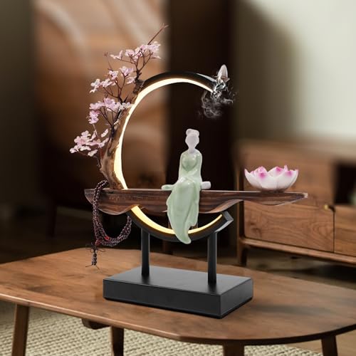 Backflow Incense Burner | Lotus Incense Holder Waterfall Smoke Fountain with Handmade Ceramic & Stable Wood Base for Meditation, Yoga, Tea Room & Home Decor | 32x35cm