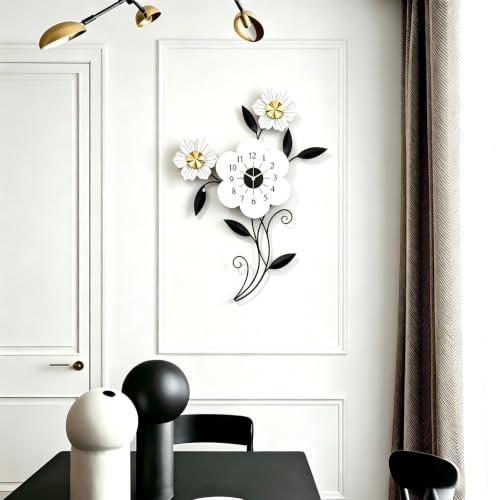 Large Flower Wall Clock, Modern Metal Wall Decor with Silent Quartz Movement, Artistic Floral Wall Art for Living Room Bedroom Office, Elegant Black White Gold Petal Design, 24" x 34.5"
