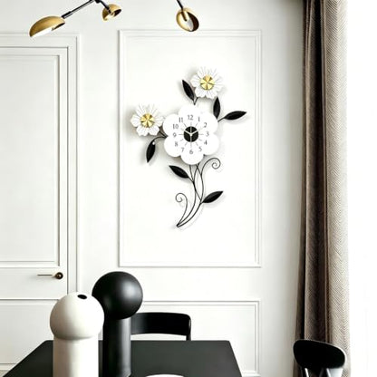 Large Flower Wall Clock, Modern Metal Wall Decor with Silent Quartz Movement, Artistic Floral Wall Art for Living Room Bedroom Office, Elegant Black White Gold Petal Design, 24" x 34.5"