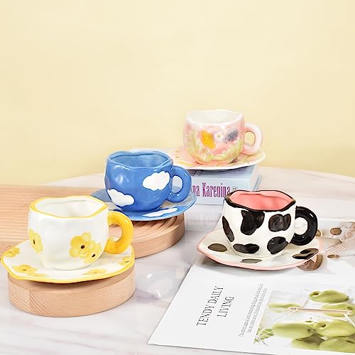 Koythin 10oz Ceramic Mug With Saucer, Dark Blue Sky White Cloud Latte Cup | 300ml Household Cup, Dual Safe Ceramic; Home Office Daily Use, Aesthetic Desk Decor - color: Dark Blue Sky and White Clouds
