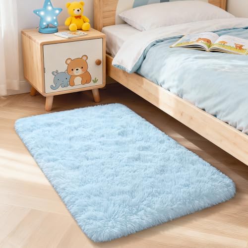 Fluffy Rug Shaggy Area Rug, Baby Blue 2x3 Small Rugs for Bedroom, Mini Fuzzy Plush Kids Bedside Rug, Soft Non-Slip Entryway Throw Rugs Shag Catpet for Living Room Nursery Room Home Decor - color: Baby Blue, size: 2' x 3' (Rectangular)