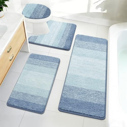 Bsmathom Bathroom Rug Set 4 Piece, Plush Microfiber Bath Mat, Dusty Blue | Extra Water Absorbent, Non Slip Washable Runner Bath Rugs with Toilet Lid Cover and U-shaped Contour Toilet Mat - color: Dusty Blue, size: 18"x26"+18"x48"+U20"x24"+Cover19"x21"