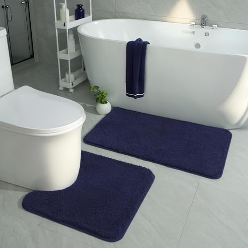 Navy Blue Bathroom Rug Set 2 Piece Bath Mat 21x34 U Shape Toilet Rug 21x21 | Absorbent,Washable,Non Slip Bathroom Rugs Sets,Contour Mat for Toilet - color: Navy Blue