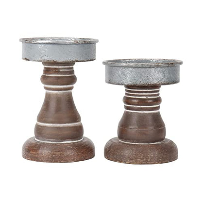 GenMous&Co. Decorative Candle Holders Pedestal Rustic Wood for Pillar Candle Farmhouse Candlestick Holder Galvanized Plate for Mantel, Dining Table, Centerpiece,Coffee Bar,Set of 2（Brown
