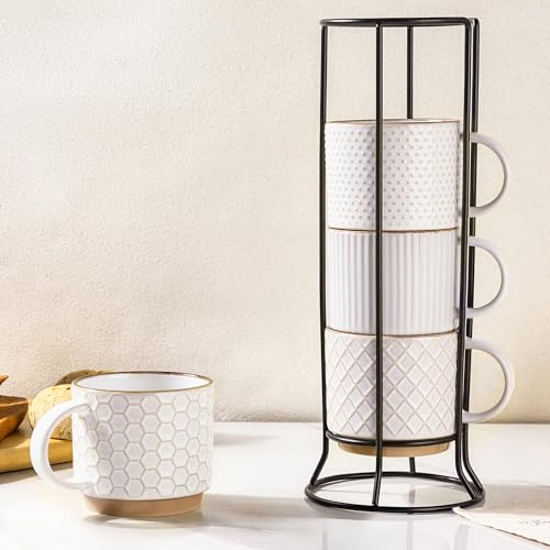 GBhome 12 OZ Stackable Coffee Mugs Set of 4, Ceramic White Coffee Cups Set | Coffee Mugs With Stand, Dishwasher&Microwave Safe, 4 Assorted Designs - color: Off-White, size: 12oz (With Stand)