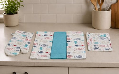 Summer Nautical Kitchen Pot Holder Oven Mitt Dish Towel Set: Coastal Ocean Sealife Navy White Red Fish Design, 5 pc Set (Fish) - color: Fish Set