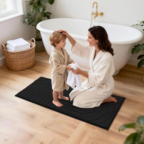 Pauwer Bathroom Rugs Sets 5 Piece, Absorbent Non Slip Bath Mat Set, Black | Machine Washable, Microfiber Plush, Quick Dry Runner, U Shaped Contour Toilet Rugs, Shower Mats and Toilet Lid Cover - color: Black