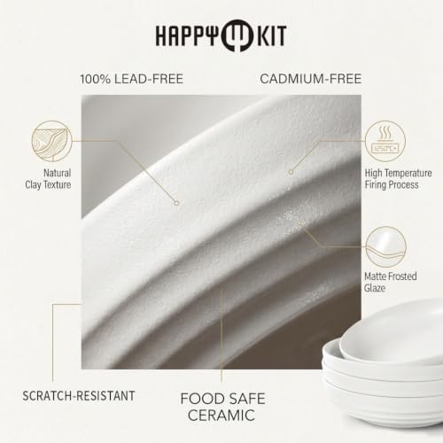 HAPPY KIT Stoneware 9'' Pasta Bowls 42oz Set of 4, Granite White - color: MatteWhite