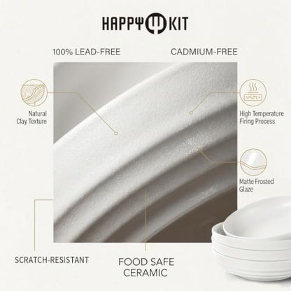 HAPPY KIT Stoneware 9'' Pasta Bowls 42oz Set of 4, Granite White - color: MatteWhite