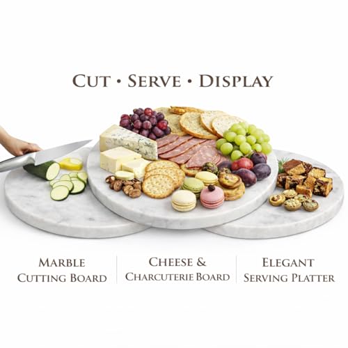 11-Inch Round Marble Cheese Cutting Board, White | Solid Natural Stone, Cutting Board & Charcuterie Serving Tray, Non-Slip Feet, 0.5" Thick, Easy to Clean - color: White, size: 11"L x 11"W