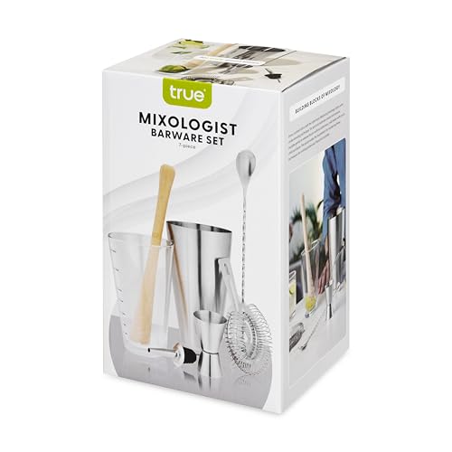 True 7-Piece Barware Set for Mixed Drinks and Cold Brew Cocktails, Includes Boston Cocktail Shaker Tin, Mixing Glass, Jigger, Muddler, Strainer, Bar Spoon, Pour Spout for Home Bar, Bartender Gifts - size: 7 Piece